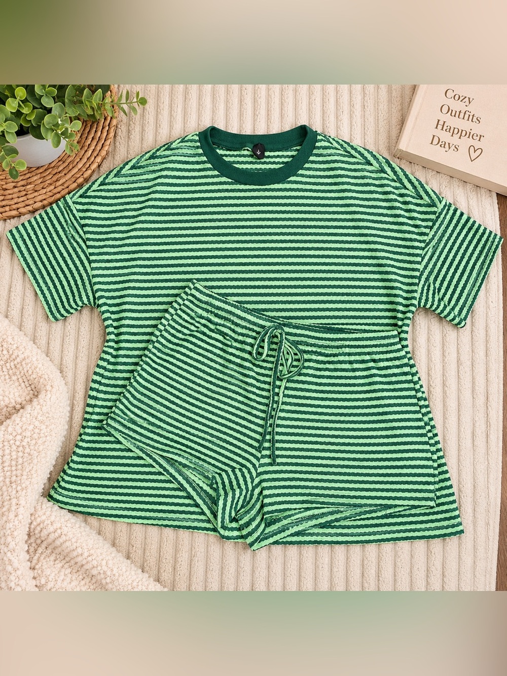 Green Striped 2-Piece Lounge Set | Oversized Tee & Drawstring Shorts
